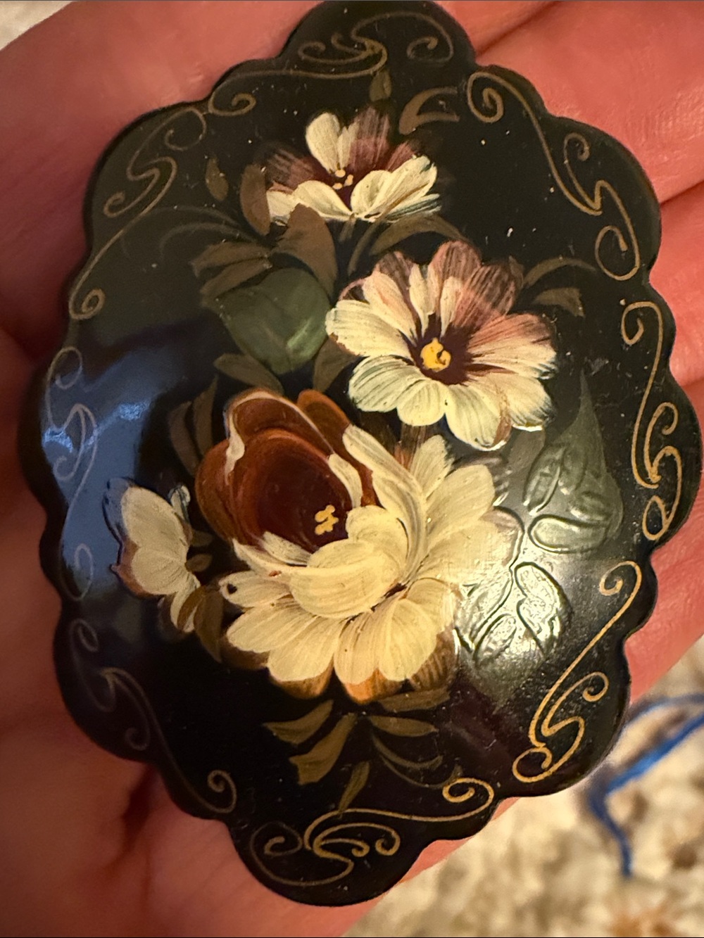 Hand-Painted Floral Decorative Accent — Black and Cream